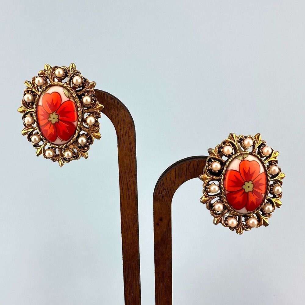 Vintage Clip On Earrings Cameo Style Floral Decal Gold Tone Filigree Faux Pearl